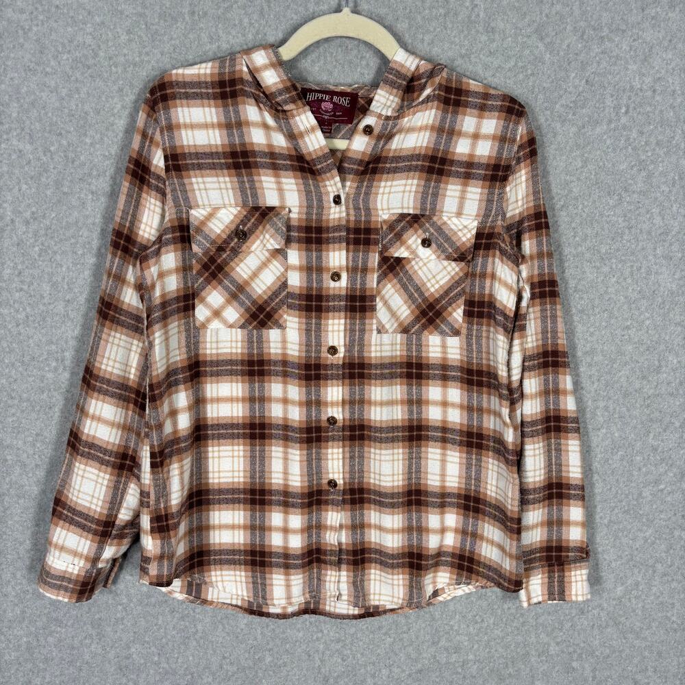 Hippie Rose Flannel Shirt Small Brown Cream Hood GORP Hiking Camping Skater